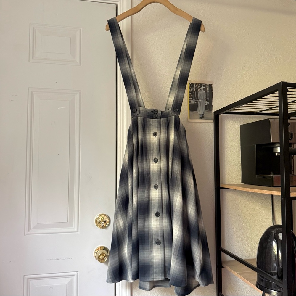 Hell Bunny navy white plaid tartan button up midi skirt overalls pinafore dress